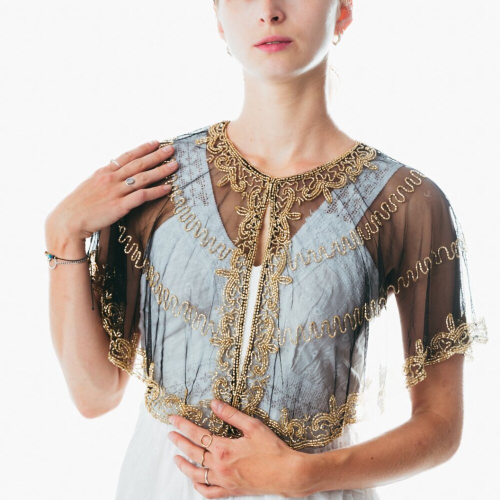 Beaded special occasion shrug / Black Gold shiny evening capelet / Sequin Poncho